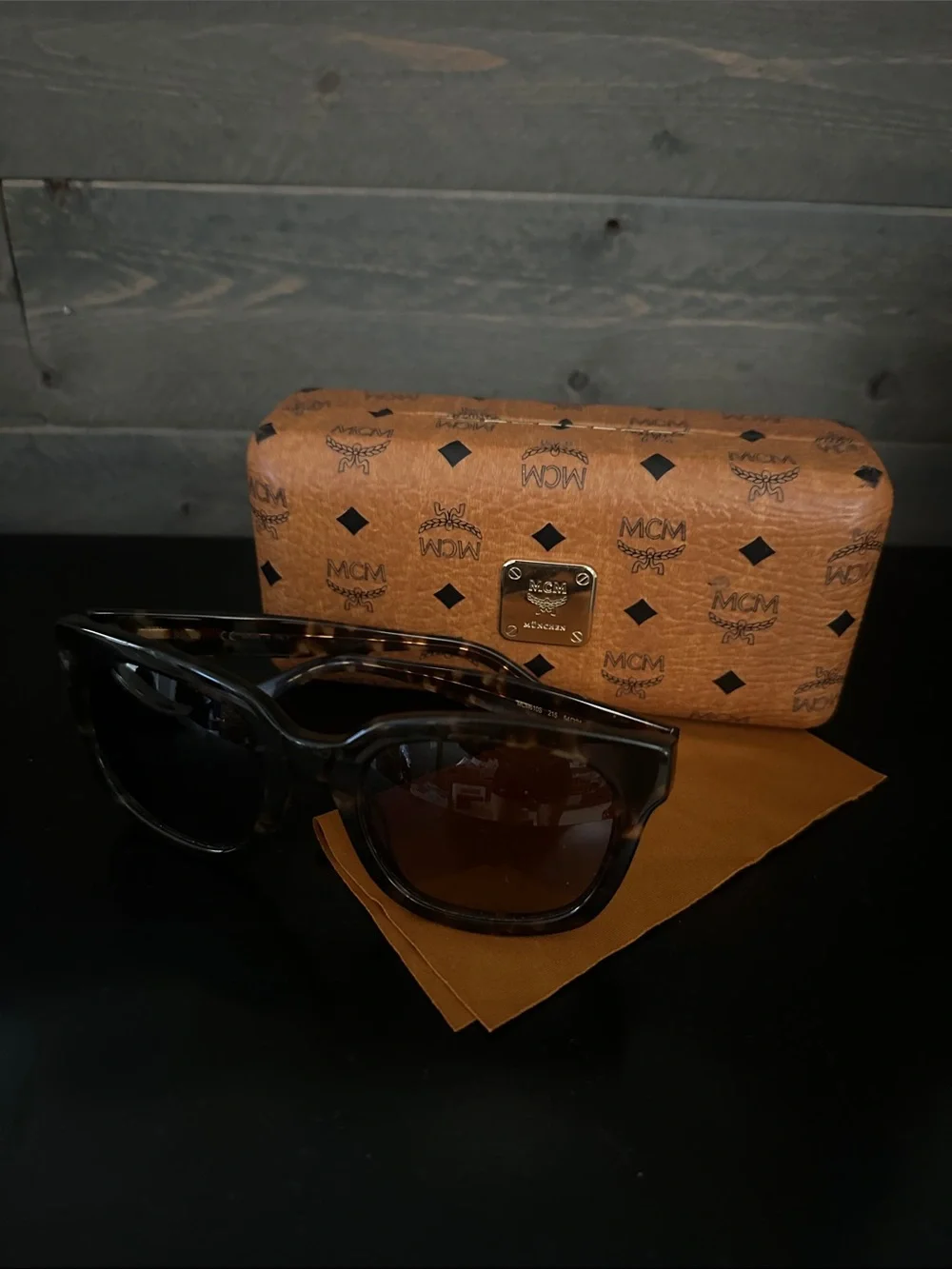 MCM Tortoise Frame Sunglasses Cognac Visetos Logo Case NWOT